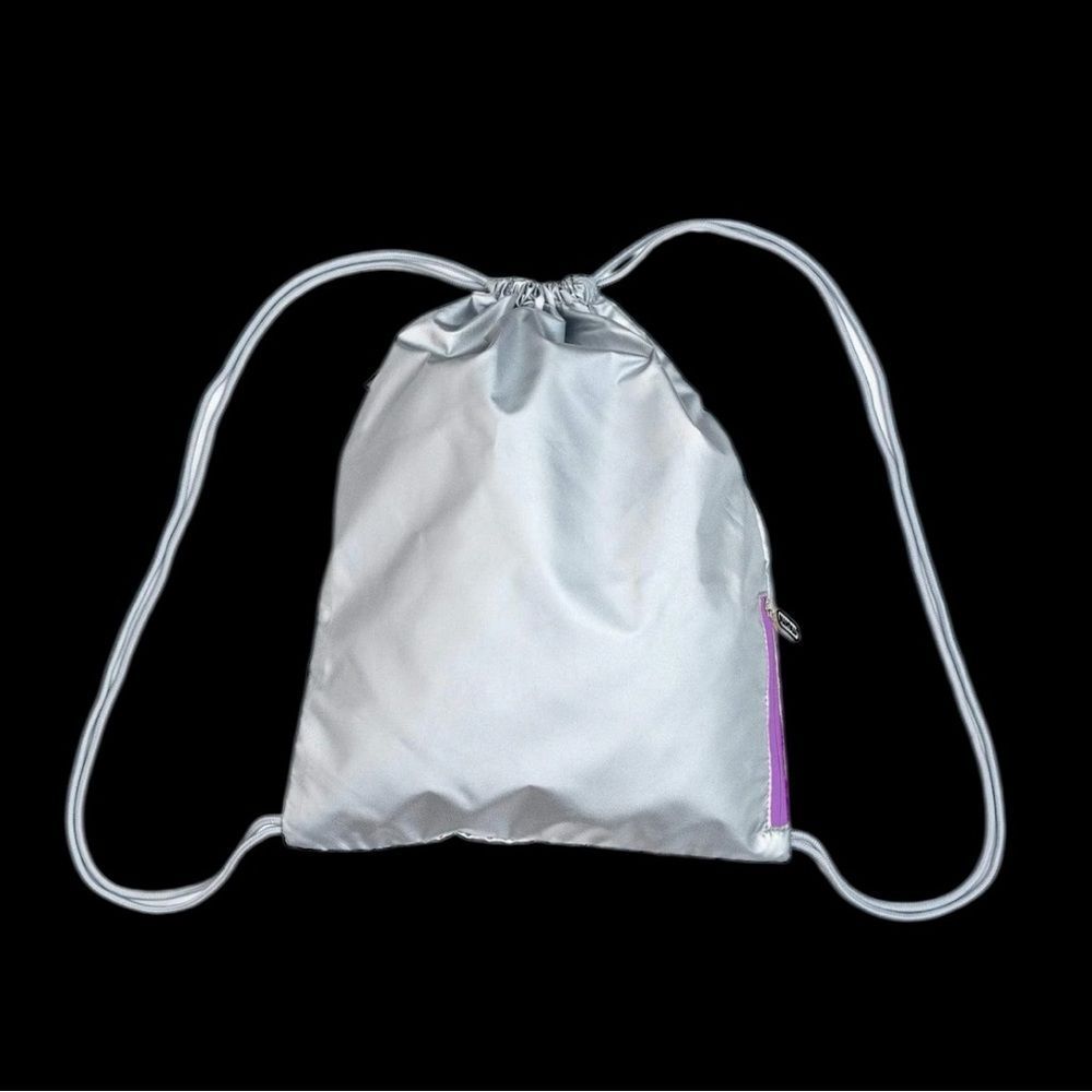 New Mumi Silver Drawstring Backpack with Purple Zipper
